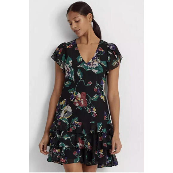 RALPH LAUREN V-neck Ruffled Hem Floral Print Georgette Drop Waist Dress 0 New - Picture 2 of 7